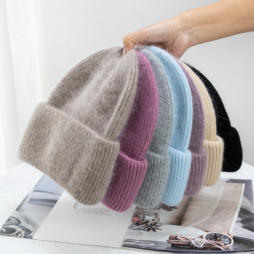 Immagine di Cappelli invernali per donna Berretti lavorati a maglia in pelliccia di coniglio Arricciati addensati Tenere al caldo Cofano berretto largo Berretto morbido femminile Berretto da sci