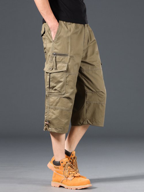 Immagine di Pantaloncini cargo da uomo estivi Pantaloni larghi casual sotto il ginocchio Vita elastica Pantaloni capri tattici da jogging all'aperto taglie forti