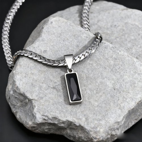 Afbeelding van Stijlvolle Heren Geometrische Stenen Hangende Ketting met Roestvrijstalen Platte Cubaanse Halsband – Hip Hop Sieraden als Cadeau voor Mannen en Jongens