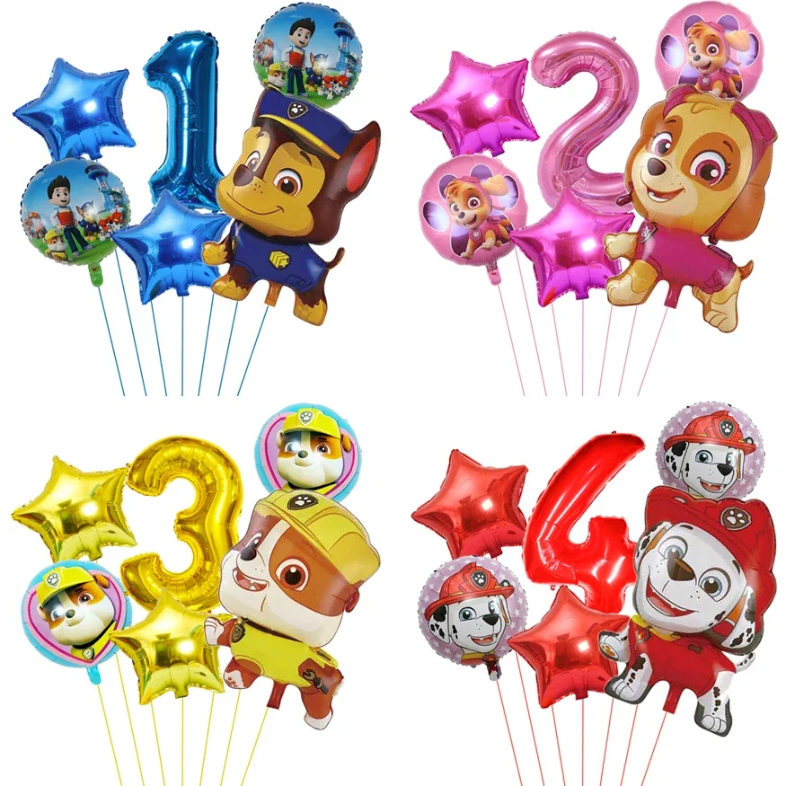 Image of 6-Piece Paw Patrol Themed Foil Balloon Set with Number Balloons for Kids' Birthday Party Decorations – Chase, Skye, and Friends Design