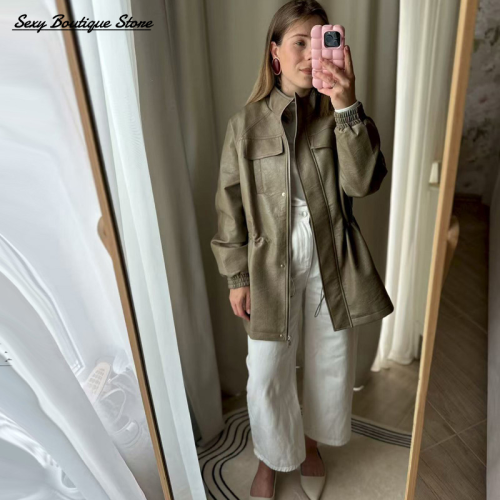 Image of 2025 Women's Autumn Winter Faux Leather Jacket with Elastic Adjustable Waist, Solid Color Full Sleeve Casual Outwear