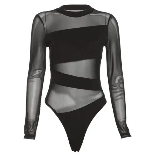 Image de Combinaison Noire à Maille Creuse - Style Élégant & Séduisant