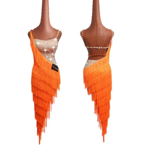 Image de Robe de Danse Latine Enfant - Strass & Pompons Orange