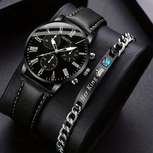 Image of Stylish 2-Piece Men's Quartz Watch Set with Digital Display and Fashion Bracelet – Perfect Gift for Festivals and Special Occasions