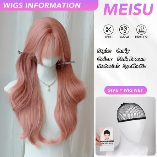 Image de Perruque Longue Ondulée Rose Marron - Cheveux Synthétiques Résistants à la Chaleur