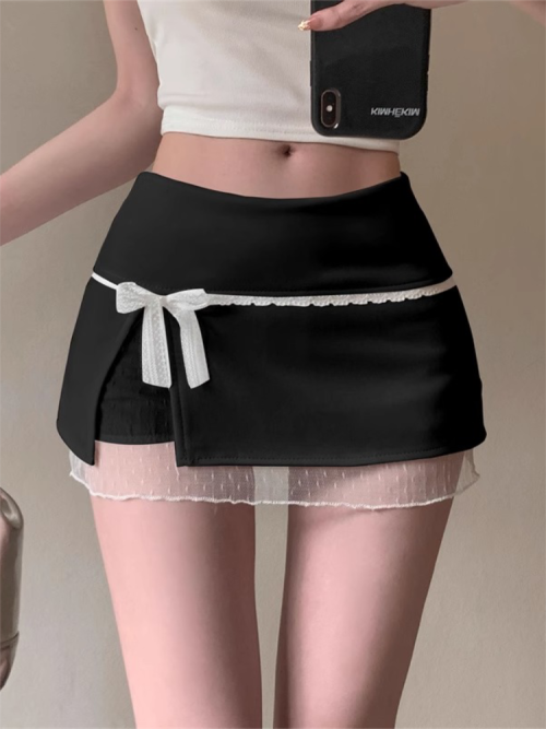 Immagine di Gonna da Donna Patchwork in Pizzo Dolce Estate - Minigonna con Fiocco Giapponese Kawaii, Moda Vita Bassa Preppy con Fessura a Linea, Nuova Collezione