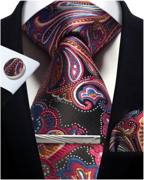Imagen de Conjunto de corbatas para hombre, corbata Floral de Paisley plateada de seda y gemelos cuadrados de ...