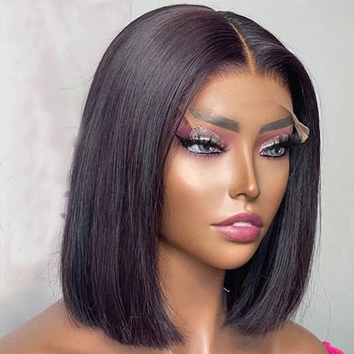 Immagine di Parrucca Bob Corta Diritta in Capelli Umani con Frontale in Merletto 13x4 - Colore Miele Biondo Naturale per Donne