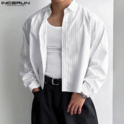 Immagine di Camicia Uomo a Righe Semplici Stile Coreano 2025 - Modello Casual e Moderno con Maniche Lunghe per Look Streetwear Maschile