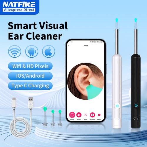 Afbeelding van Smart Visual Ear Cleaner 1296P Oar Sticks Otoscoop USB C Opladen Endoscoop Wax Removal Tool Earpick Mini Camera Gezondheidszorg