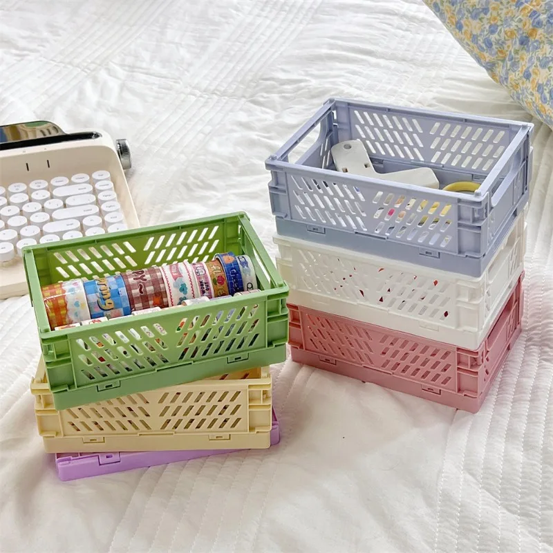 Image of 6-Color Foldable Plastic Storage Baskets for Desk Organization – Compact, Collapsible Student Stationery Container with Built-In Tape Holder