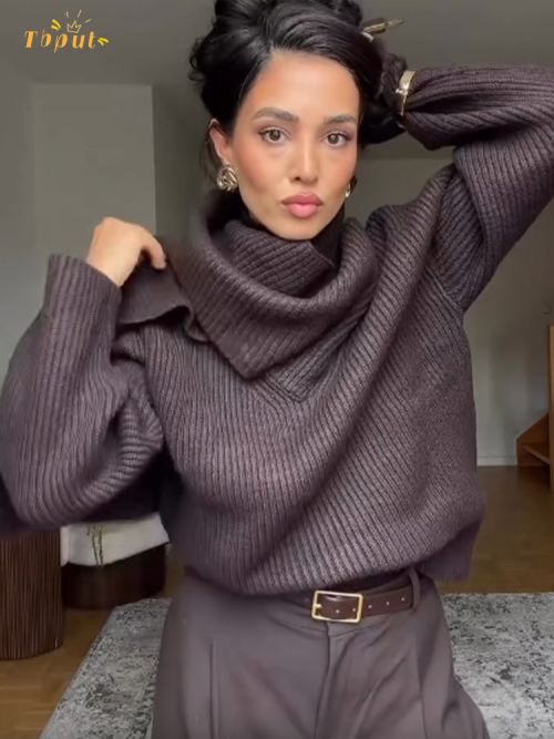 Imagen de Jersey de punto de cuello alto marrón para mujer, suéter informal liso con cuello de bufanda, suéter holgado y cálido de manga larga, prendas de punto para ir al trabajo y oficina 2025