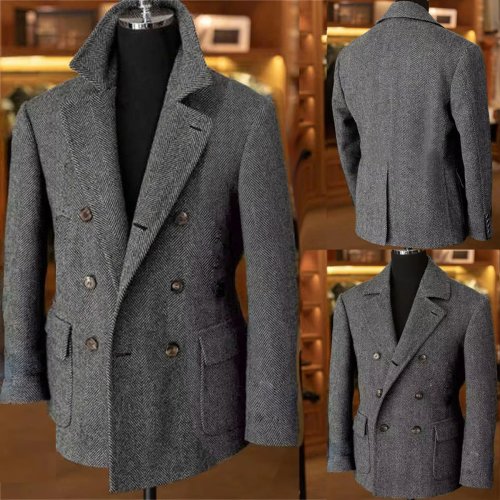Zdjęcie Męska Marynarka Vintage z Wełny Mieszanej – Dwurzędowa, Wzór Jodełka, Elegancka i Casualowa, Idealna na Jesień i Zimę, Do Garnituru