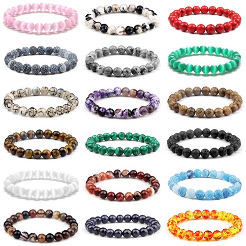 Immagine di Bracciale Uomo in Pietre Naturali Energizzanti con Occhio di Tigre, Pietra di Lava e Agata - Bracciale Elastico per Yoga e Benessere Spirituale