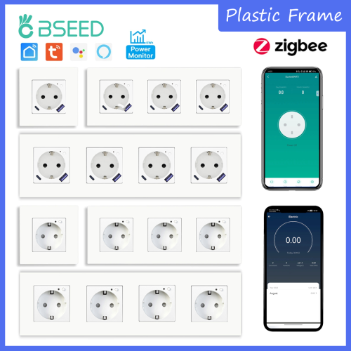 Image of Smart EU Power Socket with USB-C Fast Charging Ports – Zigbee Wireless Control via Tuya Smart Life & Alexa App – White Plastic Frame