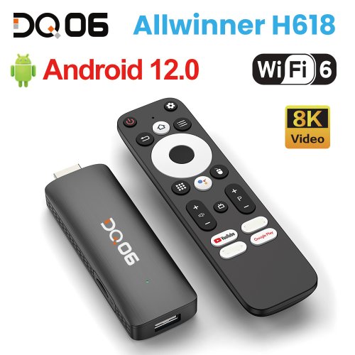 Imagen de Mini TV Stick DQ06 ATV con Android 12, Allwinner H618, Quad Core, A53 Cortex, compatible con vídeo 8K, 4K, Wifi6, BT5.0, Bluetooth integrado, control remoto por voz