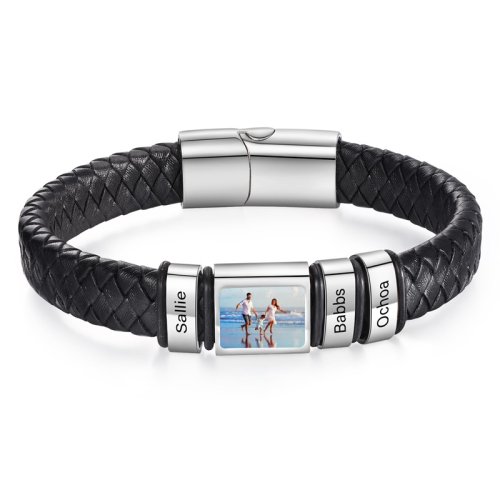 Bild von Personalisiertes Foto-Armband für Männer – Leder mit Gravur