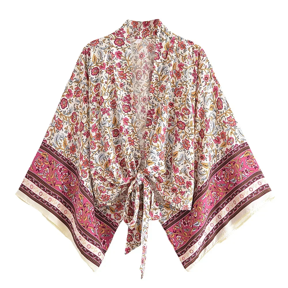 Imagen de Happie Queens-Kimono corto con fajas y estampado Floral para mujer, bata con mangas de murciélago y cuello de pico, pareo de Bikini bohemio