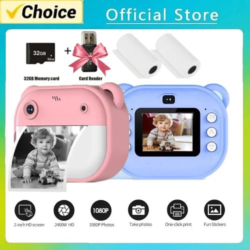 Imagen de Cámara Digital para Niños con Impresión Instantánea Térmica, Cámara Fotográfica con Papel de Impresión y Tarjeta de Memoria de 32GB
