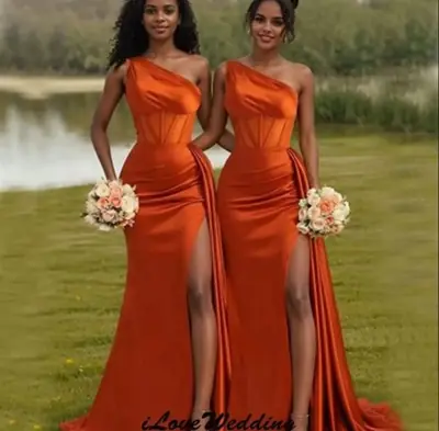 Image de Robe Demoiselle d'Honneur Orange Asymétrique 2025