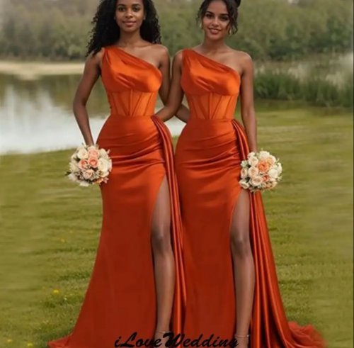 Image of Elegant Orange One-Shoulder Mermaid Bridesmaid Dress with Ribbon Detail and Sweep Train – Custom Satin Wedding Party Gown for Women 2025