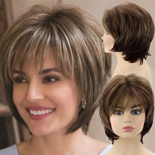 Image of Natural-Looking Brown Layered Pixie Cut Wig with Blonde Highlights for White Women – Soft Synthetic Hair with Realistic Texture