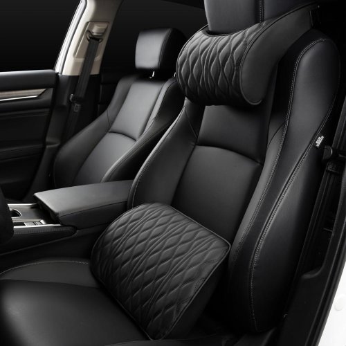 Imagen de Almohada para el cuello del coche, soporte de cintura Lumbar de cuero PU para asiento, respaldo de memoria, cojín para reposacabezas, accesorios para Interior