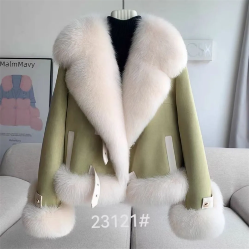 Imagen de Abrigo de hierba de piel de zorro de imitación a la moda, abrigo corto para mujer, nuevo abrigo peludo con cuello de lana, abrigo cálido grueso para invierno, abrigo de piel rosa 2024