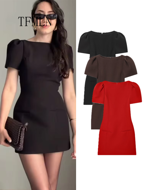 Bild von Elegantes Damen Kurzarm Minikleid mit Hoher Taille – Schmale Passform, Solide Farbe, Figurbetontes Pendlerkleid für jeden Tag