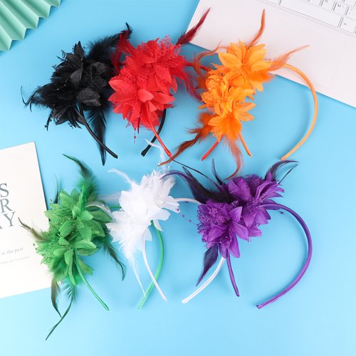 Imagen de Fascinador Elegante para Mujer con Diadema de Flor y Plumas, Hilo de Malla, Accesorio de Moda para Bodas, Fiestas de Cóctel y Eventos Especiales