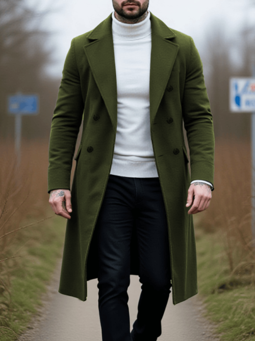 Afbeelding van Stijlvolle Wolle Trenchcoat Heren met Dubbele Rij Knopen – Winteroverjas met Winddichte Stof en Retro Opstaande Kraag voor Zakelijk en Casual Gebruik