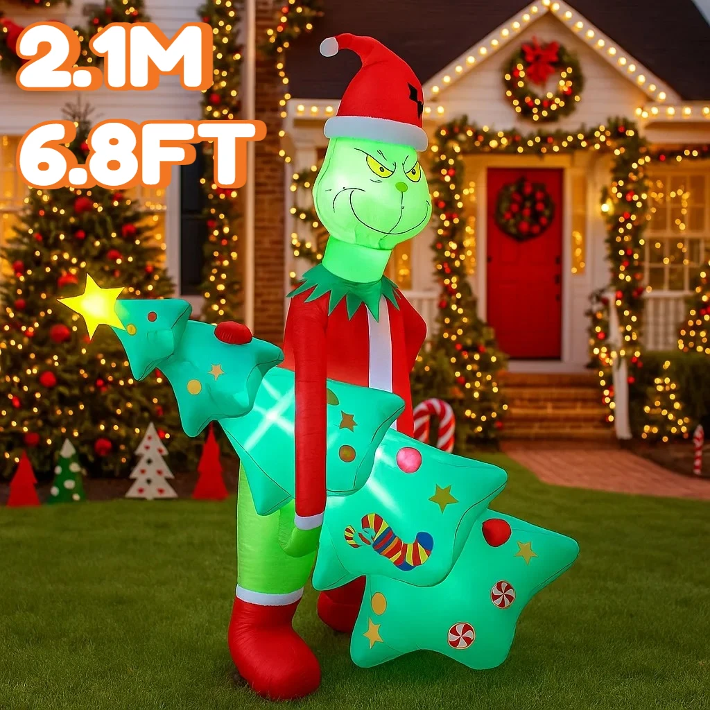 Imagen de 2,1 M/6,8 pies Grinch sosteniendo árbol de Navidad modelo inflable decoración navideña luces LED vac...