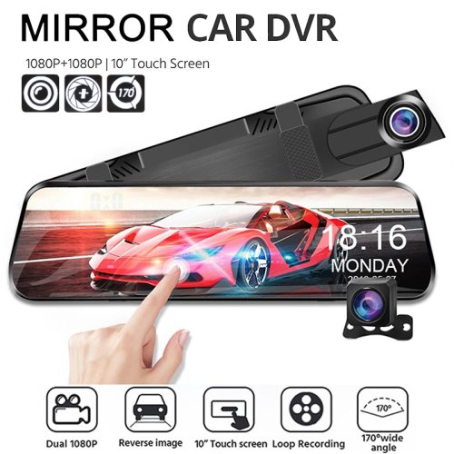 Image of Dual Lens 1080p HD Rearview Mirror Dash Cam with Front and Rear Recording, Night Vision, 24-Hour Parking Monitor, and Backup Camera for Cars