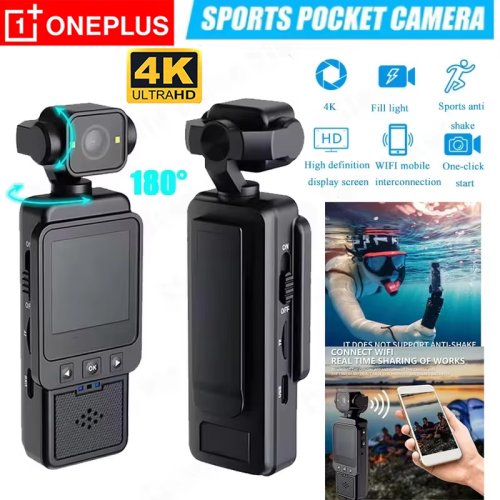 Imagen de Cámara Deportiva Portátil 4K con Pantalla HD de 180°, Conexión WiFi Inalámbrica, Rotación Automática, Luz de Relleno Integrada y Sensor de Movimiento