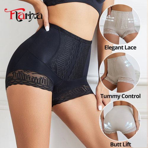 Image of Flarixa Ice Silk High-Waisted Belly Control Panties with Lace Trim – Butt Lifting Shaping Shorts for Women