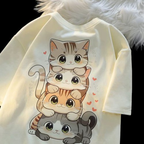 Image of Adorable Cartoon Cat Print Women's Round Neck Short Sleeve T-Shirt – Casual, Loose Fit, Versatile Summer Top
