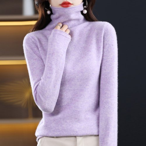 Imagen de Suéter de lana pura Merina para mujer, jersey de manga larga con cuello alto, cálido, de alta calida...