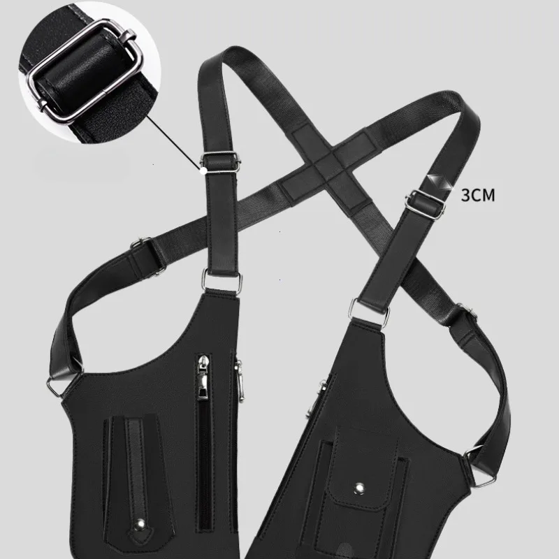 Imagen de Bolsos cruzados traseros para hombre, doble correa para el hombro, chaleco táctico antirrobo para exteriores con múltiples bolsillos, bolso de pecho impermeable de cuero PU