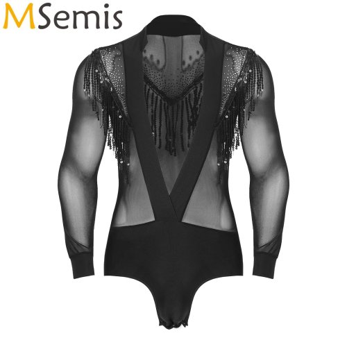 Image of Mens Rhinestones Bodysuit Shirt Tops Sheer Mesh Sequined Tassels Deep V-neck Latin Tango Dance Leotard Performance Costume