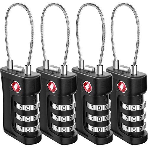 Afbeelding van 4-pack TSA douanecodeslot voor reisbagage Wachtwoord Verwisselbaar zwart slot Contrastontwerp hangslot 3-cijferig combinatieslot
