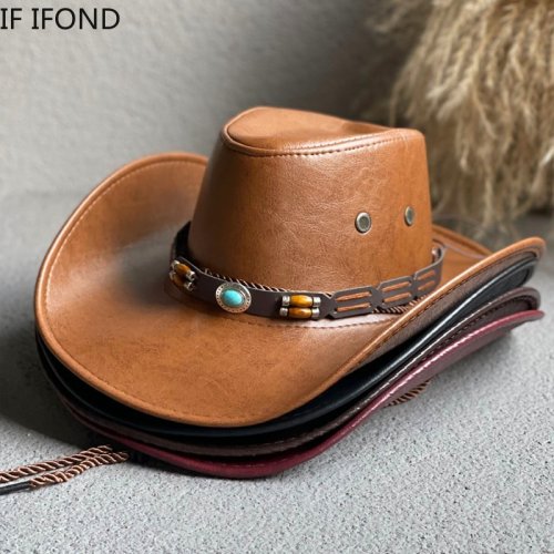 Zdjęcie Kapelusz Kowbojski z Materiału Imitującego Skórę dla Kobiet i Mężczyzn – Vintage, Elegancki, Styl Western, Panama, Cowgirl, Jazz, Sombrero