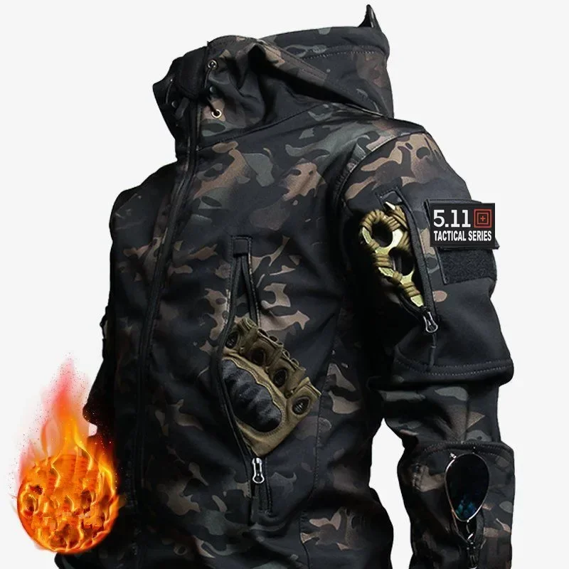 Image of Men's Winter Tactical Soft Shell Hooded Jacket with Camouflage Pattern, Waterproof and Warm, Multi-Pocket Design for Hunting and Outdoor Adventures