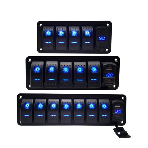 Image of Car LED Rocker Switch Panel with Digital Voltmeter, Dual USB Ports, 12V Outlet, and Dual USB Charging for Cars, Marine, and Boats