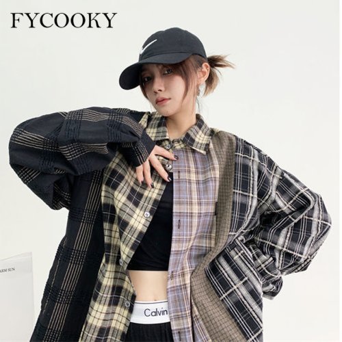 Immagine di Camicia Donna a Righe Vintage con Patchwork, Maniche Lunghe e Taglio Allentato – Stile American High Street