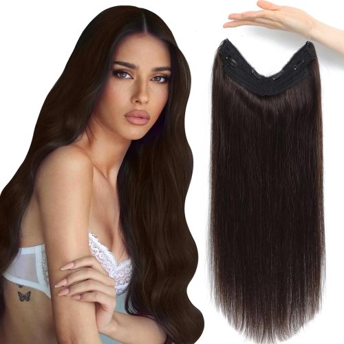 Image of Natural Looking Dark Brown Human Hair Halo Extensions with Invisible Wire and Adjustable Clips for Women