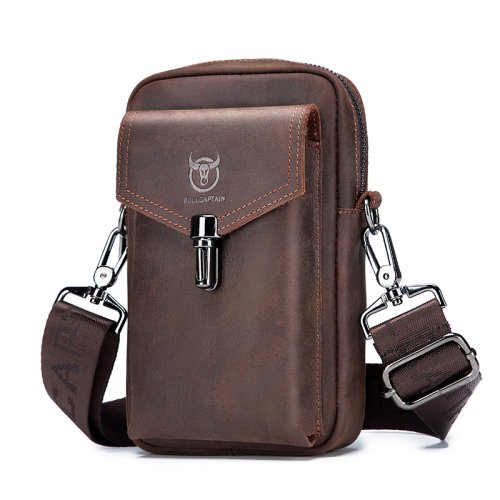 Image of BULLCAPTAIN Crazy Horse Leather Men's Waist Bags Multifunctional 7-inch Mobile Phone Bag Bag Male Shoulder Messenger Bages Brown
