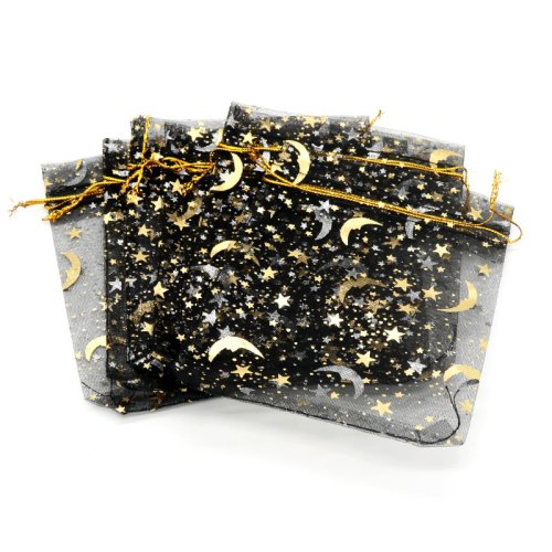 Afbeelding van 50 stuks Zwarte Organzazakjes met Ster en Maan Motief – 9-12 cm, Elegant Verpakkingsmateriaal voor Sieraden, Huwelijkscadeaus, Snoep of Geschenken