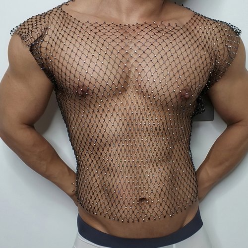 Immagine di Canotta Sexy da Uomo in Rete Trasparente con Strass Lucido - Gilet Vuoto Senza Maniche, Abbigliamento Maschile Trendy e Seducente