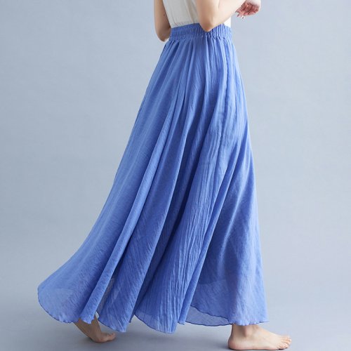 Bild von Langes Damenrock im Ethno-Stil aus Baumwolle und Leinen – Elastische Taille, A-Linie, Einfarbig, für einen natürlichen Look