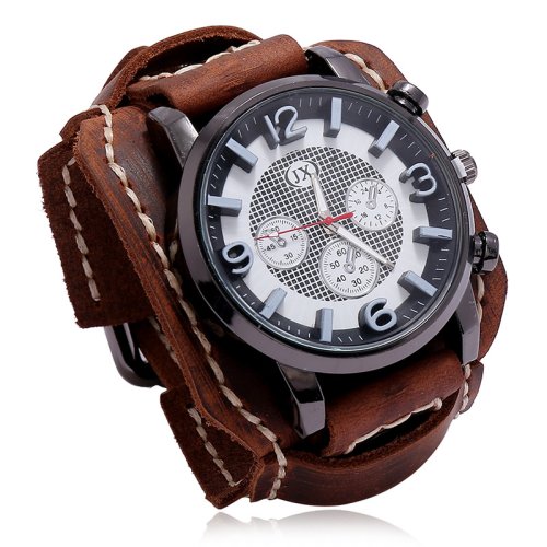 Image of Bold Punk-Style Men's Quartz Watch with Genuine Cowhide Leather Band – Fashionable Wide Strap Timepiece for Modern Gentlemen